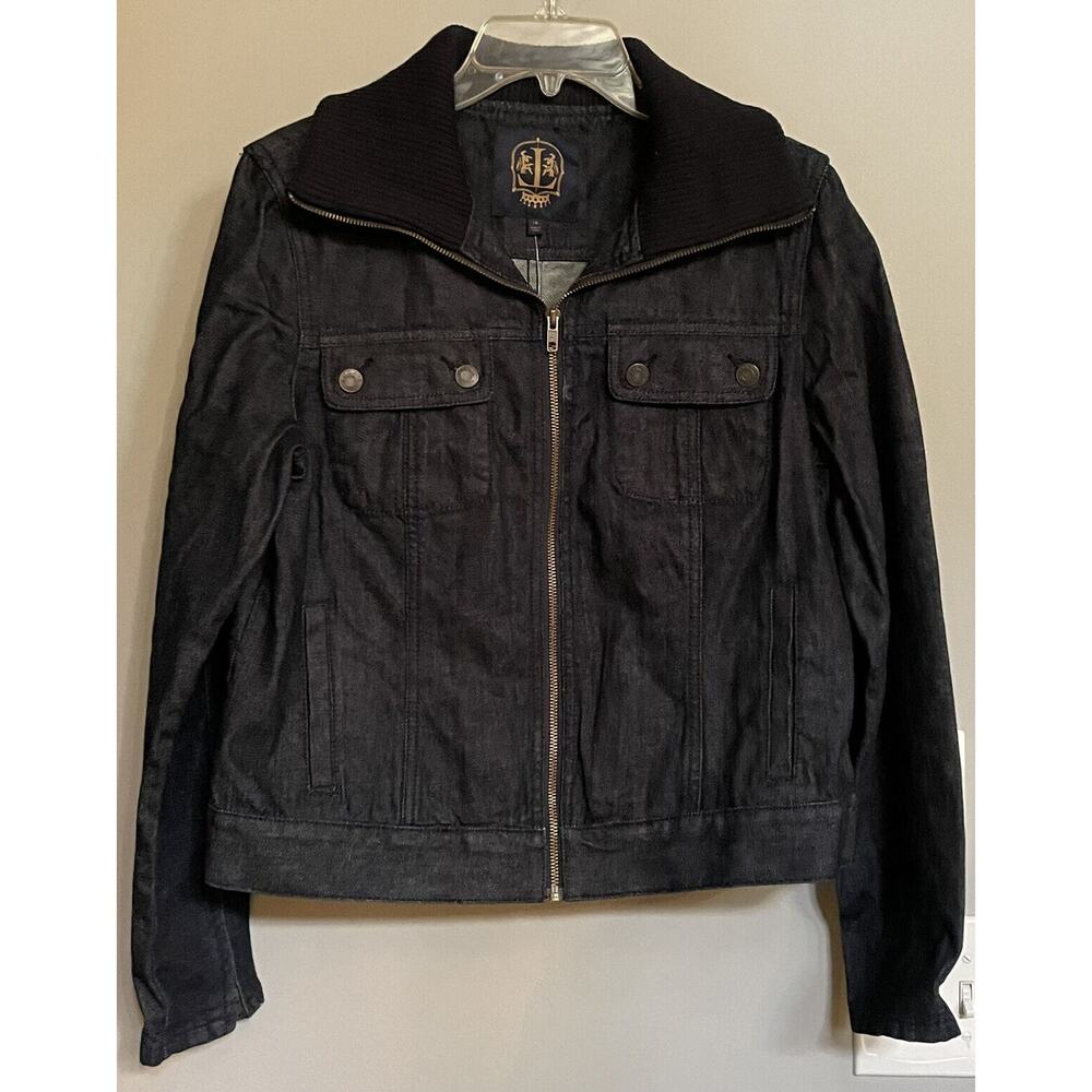Talbots Jacket Blue Denim Knit Collar Zip Up Pockets Zip Cuff Size 14 NWT